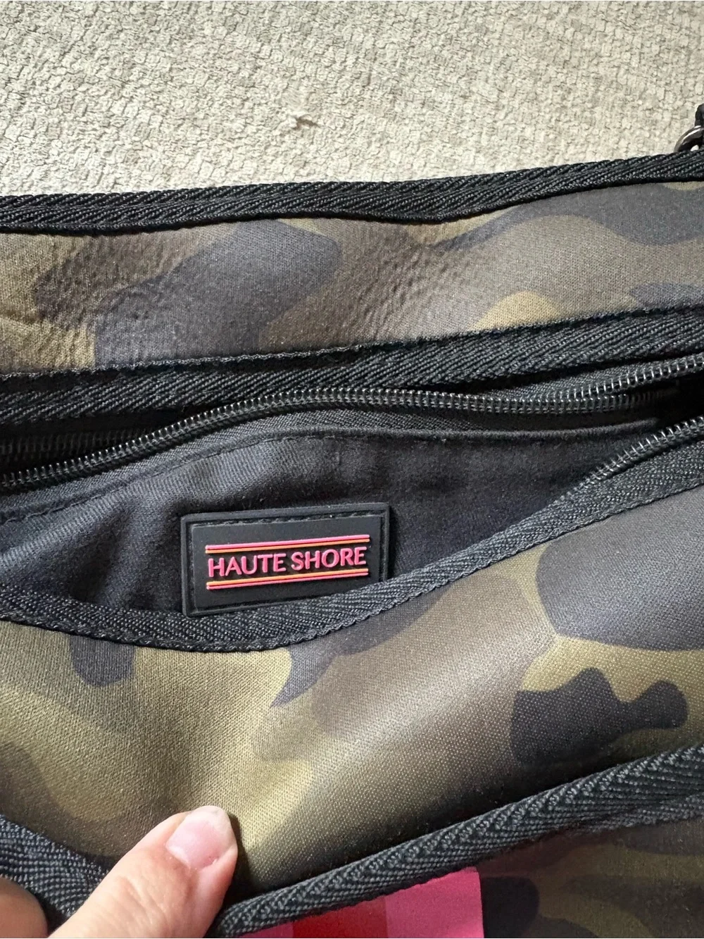 Haute Shore Camouflage Crossbody Bag with Pink & Red Stripe